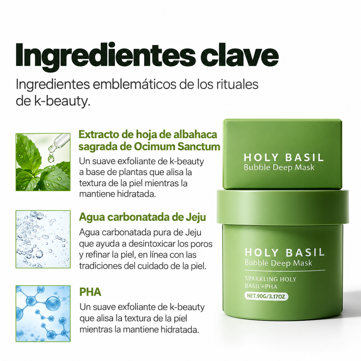 Máscara profunda de burbujas de albahaca sagrada - Máscara de arcilla para limpieza de poros y cuidado de puntos negros